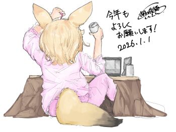 1girl 2026 absurdres ahoge animal_ears arms_up beer_can blonde_hair can commentary_request drink_can fox_ears fox_girl fox_tail from_behind highres hololive kotatsu new_year omaru_polka pajamas pants pink_pajamas pink_pants pink_shirt shirt short_hair sitting solo suzu_coconatu table tail under_kotatsu under_table virtual_youtuber