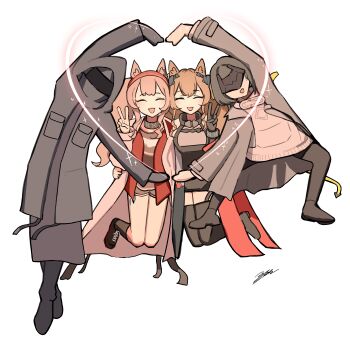 Rule 34 | 1other, 360 (taiyo360), 3girls, absurdres, angelina (arknights), animal ears, arknights, arknights: endfield, black coat, black hair, black pantyhose, black thighhighs, brown hair, coat, commentary request, doctor (arknights), endministrator (arknights), female endministrator (arknights), fox ears, fox girl, gilberta (arknights), heart, heart hands, heart hands duo, highres, long hair, multiple girls, open clothes, open coat, pantyhose, short hair, simple background, thighhighs, twintails, v, white background
