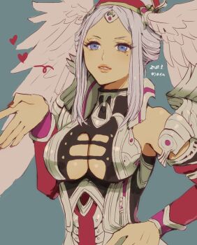 1girl armor blowing_kiss breasts cleavage_cutout clothing_cutout detached_sleeves female_focus grey_background grey_eyes hand_on_own_hip head_wings heart lips lorithia_(xenoblade) medium_breasts mole mole_under_eye nintendo silver_hair solo wings xenoblade_chronicles_(series) xenoblade_chronicles_1 yamamori_kinako