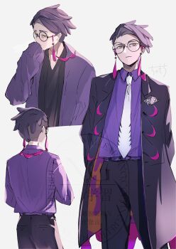 1boy absurdres black-framed_eyewear black_hair black_jacket black_pants black_shirt collared_shirt corbeau_(pokemon) eyewear_strap glasses highres jacket long_sleeves male_focus mega_stone necktie nintendo open_clothes open_jacket pants parted_hair parted_lips pokemon pokemon_legends:_z-a purple_hair purple_robe purple_shirt robe round_eyewear shirt short_hair short_sideburns simple_background undercut white_necktie yellow_eyes yhp0ne2fzj865