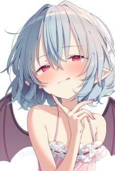 Rule 34 | 1girl, alternate costume, bat wings, blue hair, blush, closed mouth, collarbone, commentary, dress, hair between eyes, highres, looking at viewer, medium hair, no headwear, otowa (otoha4634), pink dress, pink eyes, pink nails, pointy ears, remilia scarlet, signature, simple background, sleeveless, sleeveless dress, solo, tongue, tongue out, touhou, white background, wings