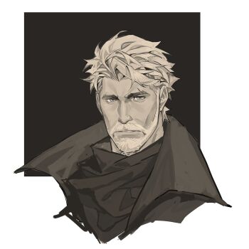 1boy akunaakun_(kunkun586586) beard coat cropped_shoulders facial_hair greyscale highres igor_(reverse:1999) looking_at_viewer male_focus mature_male monochrome neckerchief old old_man portrait reverse:1999 short_hair solo spot_color square