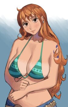 Rule 34 | 1girl, bikini, bikini top only, bikini top pull, breasts, brown eyes, cleavage, commentary, dairenke art, denim, earrings, english commentary, freckles, green bikini, highres, jeans, jewelry, large breasts, long hair, looking at viewer, nami (one piece), one piece, orange hair, pants, pearl earrings, pulling own clothes, pursed lips, shoulder tattoo, solo, swimsuit, tan, tanline, tattoo, upper body