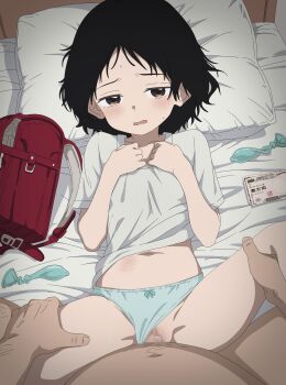 1boy 1girl absurdres backpack bag banknote black_hair blue_panties bow bow_panties brown_eyes censored clothes_lift clothing_aside collarbone commentary condom eufoniuz flat_chest hetero highres kuze_shizuka loli lying missionary money mosaic_censoring navel on_back on_bed open_mouth panties panties_aside penis pillow pov pov_crotch prostitution pussy randoseru red_bag sex shirt shirt_lift short_hair short_sleeves takopii_no_genzai underwear unworn_backpack unworn_bag used_condom vaginal white_shirt