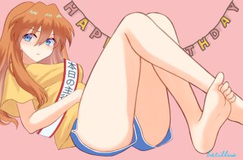 1girl :/ artist_name ass bacillus bandaid bandeau barefoot blush brown_hair casual hair_down happy_birthday highres huge_ass long_hair looking_at_viewer lying neon_genesis_evangelion on_back pink_background short_shorts shorts simple_background solo souryuu_asuka_langley translation_request tsundere two_side_up wide_hips