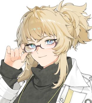 1girl abe_(nikke) adjusting_eyewear black-framed_eyewear black_sweater blonde_hair blue_eyes blush closed_mouth coat commentary glasses goddess_of_victory:_nikke highres lab_coat lanyard long_sleeves looking_at_viewer medium_hair ponytail portrait semi-rimless_eyewear shishamo_712 sidelocks simple_background smile solo sweater symbol-only_commentary turtleneck turtleneck_sweater white_background white_coat