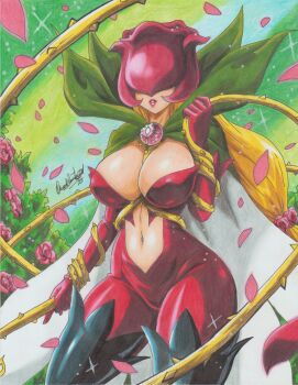 1girl absurdres blonde_hair bodysuit breasts cleavage cowboy_shot digimon digimon_(creature) highres holding holding_whip large_breasts long_hair pink_petals ravernclouk_design red_bodysuit red_lips rosemon solo thorns