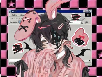 1boy adapted_costume animal_ears black_hair black_ribbon cable_knit cardigan censored checkered_background chinese_commentary closed_mouth collared_shirt commentary_request crossed_bangs hair_between_eyes hair_intakes hair_ribbon heart ithinkilikeyou long_sleeves looking_at_viewer male_focus microsoft_windows mo_chengwei mushroom my_melody onegai_my_melody pink_cardigan pink_ribbon pink_shirt rabbit_ears ribbon sanrio scribble_censor shirt solo touqi_guaitan turtleneck window_(computing) windows_95 windows_classic