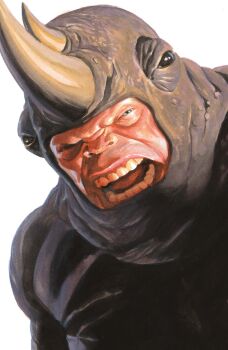 1boy absurdres alex_ross animal_costume blue_eyes bodysuit comic_cover cover cover_page fake_horns grey_bodysuit highres horns looking_at_viewer male_focus marvel muscular muscular_male official_art one_eye_in_shadow open_mouth realistic rhino_(marvel) solo spider-man_(series) superhero_costume teeth upper_body western_comics_(style) white_background wrinkled_skin