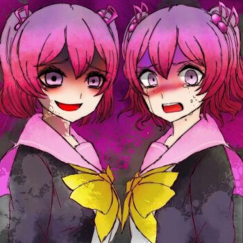 2girls artist_request bow danganronpa_another fortissimo hair_ornament jacket medium_hair multiple_girls musical_note musical_note_hair_ornament otonokoji_hibiki otonokoji_kanade pink_hair sailor_collar siblings sisters smile super_danganronpa_another_2 twins twintails