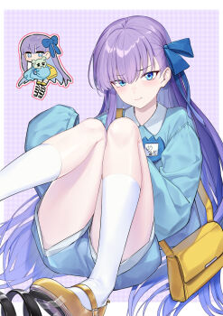 1girl bag blue_eyes blue_ribbon blue_shirt blush breasts chibi chibi_inset coffeekite commentary_request con_(fate) fate/grand_order fate_(series) hair_ribbon highres kindergarten_uniform kneehighs knees_up long_hair long_sleeves looking_at_viewer meltryllis_(fate) name_tag purple_hair ribbon shirt shoes shoulder_bag sitting small_breasts socks solo spring_(object) very_long_hair white_socks yellow_shoes