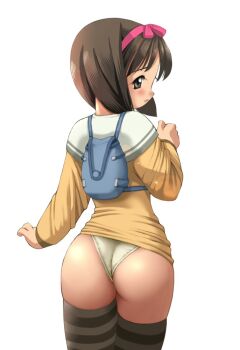 1girl ass back backpack bag blush breasts brown_eyes brown_hair character_request clothes_lift dress dress_lift female_focus from_behind grey_panties grey_thighhighs hair_ornament hair_ribbon hairband loli looking_back nikaime oppai_loli panties profile ribbon school_bag school_uniform short_dress short_hair skirt solo source_request striped_clothes striped_thighhighs thighhighs togusa_masamu underwear wedgie white_background white_panties yellow_dress yellow_skirt