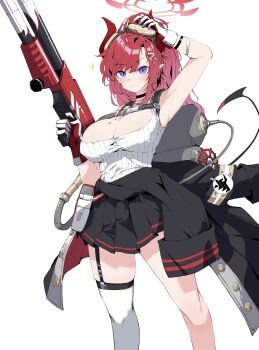 1girl absurdres blue_archive blue_eyes breasts cleavage clothes_around_waist dirty dirty_face flamethrower garter_straps gloves goggles goggles_on_head halo highres horns large_breasts long_hair megu_(blue_archive) pleated_skirt plentyofempty red_hair ribbed_tank_top single_thighhigh skirt thighhighs two-tone_gloves weapon white_background