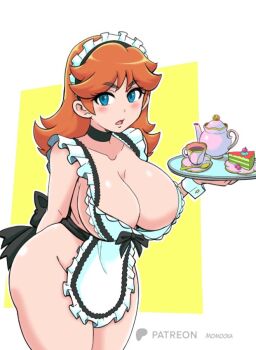 Rule 34 | 1girl, annoyed, apron, blue eyes, blush, breasts, brown hair, cake, cherry, choker, cleavage, collarbone, cup, drink, food, fruit, holding, holding tray, large breasts, long hair, looking at viewer, maid, maid apron, maid headdress, mario (series), momocka-art, naked apron, nintendo, open mouth, plate, princess daisy, saucer, spoon, standing, tea, teacup, teapot, thick thighs, thighs, tray, waitress, white apron, white background, wide hips, wrist cuffs