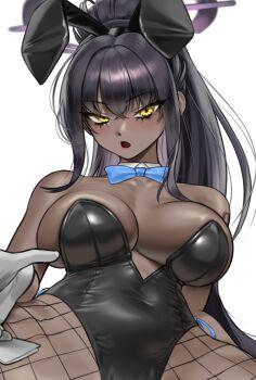 1girl animal_ears aqua_bow aqua_bowtie black_hair black_leotard blue_archive blush bow bowtie breasts cleavage closed_mouth collar commentary_request dark-skinned_female dark_skin fake_animal_ears fishnet_pantyhose fishnets gloves highres karin_(blue_archive) karin_(bunny)_(blue_archive) korean_commentary large_breasts leotard lipstick long_hair looking_at_viewer makeup menh3ra pantyhose ponytail rabbit_ears simple_background solo very_long_hair white_background white_collar white_gloves yellow_eyes