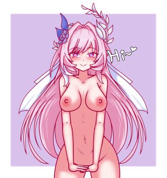 1girl border breasts bridal_veil commentary covering_crotch covering_privates cyrene_(honkai:_star_rail) diamond-shaped_pupils diamond_(shape) english_commentary flower hair_flower hair_ornament highres honkai:_star_rail honkai_(series) large_breasts long_hair looking_at_viewer navel nipples pink_hair pointy_ears purple_background purple_eyes smile stomach symbol-shaped_pupils thatpervtako thighs veil very_long_hair white_border