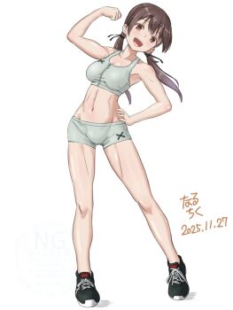 1girl biceps blush breasts brown_eyes brown_hair commentary_request crop_top gertrud_barkhorn hand_on_own_hip highres long_hair looking_at_viewer medium_breasts midriff muscular muscular_female naruchisukisuki navel open_mouth simple_background solo sports_bra standing strike_witches sweat tennis twintails watermark white_background world_witches_series