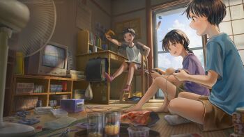 2boys :d backpack bag black_bag black_hair black_shirt blue_shirt brown_pants calendar_(object) chair child chips_(food) cloud commentary_request controller crt cup day desk mp3_player door drinking_glass dvd_case electric_fan flashlight food game_boy_advance game_boy_advance_(original) game_cartridge game_console gamecube gamecube_controller handheld_game_console hat highres holding holding_controller indoors instrument ipod ipod_nano ipod_nano_1g keyboard_(instrument) kirby_(series) kirby_air_ride medium_hair melodica multiple_boys nintendo no_shoes open_mouth original pants pencil_sharpener playing_games ponytail potato_chips purple_shirt red_socks sarekoube shelf shirt short_hair short_sleeves single_bare_foot sitting smile socks t-shirt television tray unworn_hat unworn_headwear video_game wind_chime yellow_hat