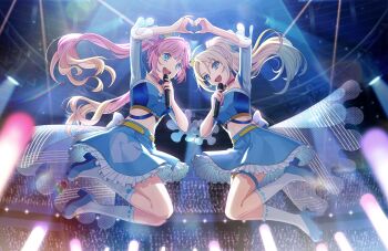 2girls :d anyoji_hime blonde_hair blue_eyes blue_hair blue_hat blue_shirt blue_shoes blue_skirt blurry blurry_background breasts collarbone crop_top cropped_shirt fang floating_hair frilled_skirt frills game_cg glowstick gradient_hair hair_intakes hat heart_ni_q_(love_live!) high_heels highres jumping link!_like!_love_live! long_hair love_live! medium_breasts midriff miniskirt mira-cra_park! multicolored_hair multiple_girls non-web_source official_art open_mouth osawa_rurino penlight_(glowstick) pink_hair ponytail see-through_skirt_layer shirt shoes skirt smile socks stage teeth thigh_strap twintails upper_teeth_only very_long_hair virtual_youtuber white_socks