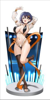 1girl :d alternate_costume arms_up asymmetrical_legwear belle_(zenless_zone_zero) black_panties black_thighhighs blue_hair blush breasts brown_thighhighs chinese_commentary commentary_request crossed_bangs detached_sleeves dysoor earrings full_body green_eyes hair_ornament highleg highleg_panties highres jewelry letter_hair_ornament long_sleeves looking_at_viewer mismatched_legwear navel open_mouth panties second-party_source short_hair sideboob single_thighhigh smile standing stomach teeth thighhighs thighs toes underwear upper_teeth_only white_background zenless_zone_zero