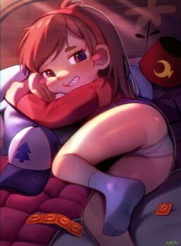 1girl absurdres ass baseball_cap bed bedroom blue_hat blush blush_stickers braces brown_eyes brown_hair condom condom_packet_strip condom_wrapper dipper_pines disney fez_hat gravity_falls grin grunkle_stan hairband hat highres huge_filesize light_rays loli long_hair long_sleeves looking_at_viewer lying mabel_pines najucaju_naju on_bed panties pillow print_headwear purple_skirt red_hat red_sweater skirt smile socks sunbeam sunlight sweat sweater teeth tree_print underwear unworn_hat unworn_headwear white_panties white_socks