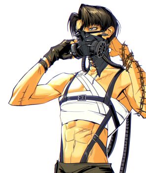 1boy abs adjusting_mask bandaged_chest barbed_wire black_gloves black_hair chest_harness eyepatch facial_scar fingerless_gloves gas_mask gloves harness hashtag-only_commentary highres levi_(shingeki_no_kyojin) male_focus mask multiple_scars navel parted_bangs scar scar_on_arm scar_on_cheek scar_on_face scar_on_stomach shingeki_no_kyojin short_hair single_glove solo three-dimensional_maneuver_gear topless_male upper_body white_background xiajiuwan