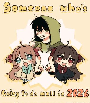 1boy 2girls :3 :d ahoge black_cardigan black_hair black_skirt black_socks blue_eyes blue_skirt blush_stickers brown_hair capelet cardigan chibi colored_shadow commentary cropped_shoulders double-parted_bangs drawstring drop_shadow english_commentary english_text evil_neuro-sama green_capelet green_hoodie grin hair_between_eyes hair_intakes hair_ornament hair_ribbon hexagon_print highres hood hood_up hoodie jitome long_hair looking_at_viewer messy_hair miniskirt multiple_girls neuro-sama open_mouth outstretched_arm owo_uou pleated_skirt pointing pointing_at_viewer red_eyes red_ribbon ribbon shadow short_hair siblings sisters skirt smile socks torn_hair_ribbon twins two_side_up v-shaped_eyebrows vedal987 vedal_ai yellow_background yellow_cardigan