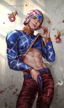 1boy abs belt blood blood_on_wall blue_belt blue_sweater clothes_lift commentary_request cowboy_shot crack cracked_wall donut food guido_mista gun handgun hat highres holding holding_gun holding_weapon jojo_no_kimyou_na_bouken kdash long_sleeves male_focus navel parted_lips red_hat revolver sex_pistols_(stand) smoke smoking_barrel snubnosed_revolver stand_(jojo) sweater sweater_lift toned toned_male vento_aureo weapon