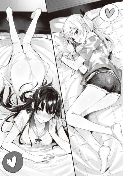 2girls :d ankle_socks bed_sheet belt blush bracelet breasts cleavage dress embarrassed from_above from_side greyscale hair_between_eyes hair_ribbon head_tilt heart highres jewelry kakao_(chocolate_land) kawaii_onna_no_ko_ni_kouryaku_sareru_no_wa_suki_desu_ka? kneepits legs_together long_hair looking_at_viewer lying medium_breasts monochrome multiple_girls non-web_source novel_illustration off_shoulder official_art on_side on_stomach open_mouth print_shirt raised_eyebrows ribbon scrunchie shirt short_dress short_shorts short_sleeves shorts sideways_mouth smile socks speech_bubble split_screen spoken_heart star_(symbol) star_print sundress two_side_up wrist_scrunchie
