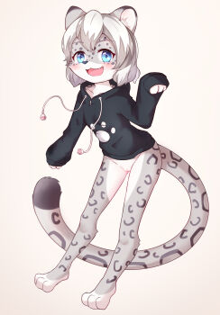 1girl :3 absurdres animal_ear_fluff animal_ears animal_hands animal_nose barefoot beige_background black_hoodie black_sweater blue_eyes blush body_fur bottomless cleft_of_venus drawstring fang female_focus flat_chest flong full_body furry furry_female grey_fur grey_hair groin hand_up happy highres hood hoodie leopard_ears leopard_girl leopard_tail loli long_sleeves looking_at_viewer open_mouth original paw_pose paw_print paw_print_pattern pussy short_hair sidelocks simple_background sleeves_past_wrists smile solo standing sweater tail uncensored white_fur
