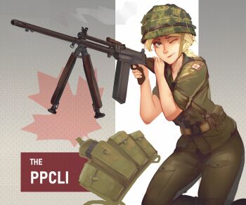 1girl 2ltpaula aiming ammunition_pouch battle_rifle bipod blonde_hair blue_eyes canada canadian_armed_forces canadian_flag combat_helmet commentary english_commentary feet_out_of_frame finger_on_trigger fn_fal freckles green_jacket green_pants gun helmet highres jacket machine_gun magazine_(weapon) military military_combat_uniform military_rank_insignia military_uniform one_eye_closed original pants patch pouch rifle shoulder_patch sleeves_rolled_up weapon