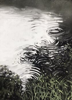 commentary_request day grass grey_sky highres miya_pastel no_humans original outdoors painting_(medium) rain reflection reflective_liquid ripples scenery sky traditional_media water watercolor_(medium)