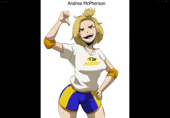 1girl blonde_hair blue_shorts breasts clothes_writing elbow_pads fang freckles green_eyes gym_uniform hand_on_own_hip high_ponytail highres kiryu_sketchbook logo_print looking_at_viewer medium_breasts mole mole_on_thigh nerf open_mouth pointing pointing_at_self ponytail print_shirt shirt short_hair short_sleeves shorts smile sportswear standing teeth white_background white_shirt