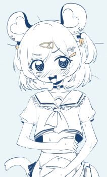 Rule 34 | 1girl, @ @, animal ears, blush, choker, cropped shirt, eds, garter belt, hair ornament, hairclip, hand on own stomach, hands on own stomach, heart, heart choker, highres, indie virtual youtuber, looking at viewer, midriff, mouse ears, mouse girl, mouse tail, navel, neckerchief, nemimi yane, nervous smile, nervous sweating, nose blush, one side up, open mouth, partially colored, sailor collar, shirt, short hair, short sleeves, simple background, smile, solo, sweat, tail, teeth, upper body, upper teeth only, v-shaped eyebrows, virtual youtuber