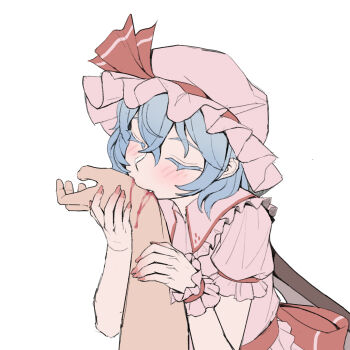 1girl 1other bat_wings biting black_wings blood_sucking blue_hair blush closed_eyes collared_shirt crossed_bangs drinking_blood fangs fingernails frilled_shirt_collar frills hair_between_eyes hat hat_ribbon highres holding_another&#039;s_wrist mob_cap pink_hat pink_shirt pov pov_hands red_ribbon remilia_scarlet ribbon shirt short_hair short_sleeves simple_background touhou upper_body vampire white_background wings youpofen