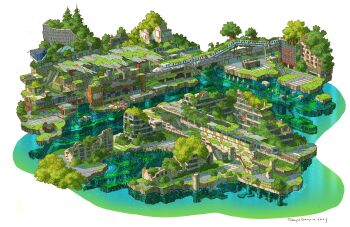 2025 2boys abandoned absurdres artist_name brown_hat brown_pants building commentary_request crosswalk dilapidated escalator flood hat highres multiple_boys original overgrown pants post-apocalypse road rust shirt sitting stairs striped_clothes striped_pants striped_shirt tokyogenso train train_station train_station_platform tree vertical-striped_clothes vertical-striped_pants vertical-striped_shirt water white_shirt