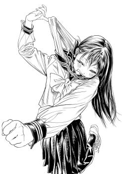 1girl akebi-chan_no_serafuku akebi_komichi blunt_bangs blush bow camisole camisole_pull clothes_pull dot_nose female_focus flat_chest highres hiro_(dismaless) long_hair long_sleeves manga_illustration manga_page monochrome official_art open_mouth pleated_skirt roubai_academy_school_uniform_(old) school_uniform serafuku shoes simple_background skirt smile socks solo solo_focus sweat sweatdrop white_background