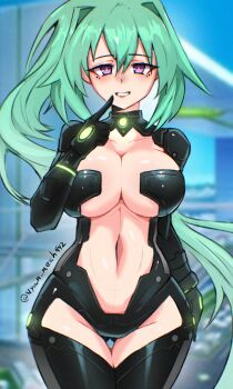 1girl absurdres black_bodysuit bodysuit breasts center_opening cleavage clothing_cutout collarbone commentary english_commentary finger_to_mouth gluteal_fold green_hair green_heart_(neptunia) highres kami_jigen_game_neptune_v large_breasts long_hair navel neptune_(series) nyanmech ponytail power_symbol power_symbol-shaped_pupils purple_eyes revealing_clothes smile solo symbol-shaped_pupils teeth thigh_cutout thigh_gap very_long_hair wide_hips