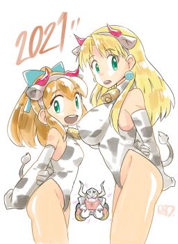 2021 2girls animal_print blonde_hair capcom chinese_zodiac cow_suit cow_tail cowbell green_eyes highres horns kalinka_cossack_(mega_man) loli long_hair mega_man_(classic) mega_man_(series) multiple_girls roll_(mega_man) tail white_background year_of_the_ox