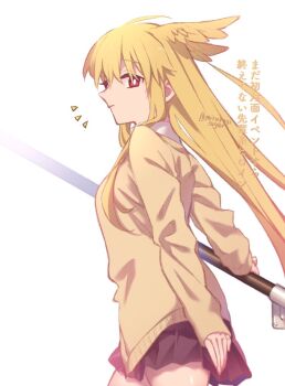 1girl black_skirt blonde_hair breasts commentary_request fate/grand_order fate_(series) head_wings large_breasts long_hair long_sleeves looking_at_viewer mitsurugi_sugar railing red_eyes sidelocks skirt solo sweater thrud_(fate) translation_request valkyrie_(fate) wings yellow_sweater