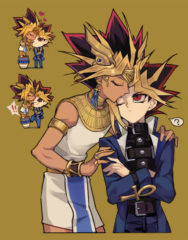 Rule 34 | !, !!, 2boys, ?, absurdres, ancient egyptian clothes, ankh, armlet, atem, belt, belt buckle, black belt, blonde hair, blue jacket, blue pants, bracelet, buckle, chinese commentary, closed mouth, collared jacket, commentary request, cropped legs, dark-skinned male, dark skin, earrings, hand on another's shoulder, heart, highres, jacket, jewelry, kiss, kissing forehead, long sleeves, looking to the side, male focus, multicolored hair, multiple belts, multiple boys, multiple views, necklace, one eye closed, pants, piercing, popped collar, red eyes, red hair, ring, robe, saka nagiya, short hair, sideways glance, simple background, sleeveless robe, speech bubble, spiked hair, spoken question mark, standing, standing on object, two-sided fabric, two-sided jacket, two-tone hair, usekh collar, white jacket, white robe, yami yugi, yaoi, yu-gi-oh!, yu-gi-oh! duel monsters
