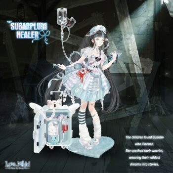 Rule 34 | 1girl, arm warmers, artist request, attic, bandaid, bandaid on cheek, bandaid on face, bandaid on leg, bandaid on nose, black hair, black socks, blood, blood bag, blue eyes, blue hat, blue skirt, blunt bangs, breasts, brick wall, buttons, cabinet, carpet, character name, cleavage, cleavage cutout, clipboard, clothing cutout, copyright logo, cross, cross print, day, dripping, english text, eyelashes, first aid kit, food, full body, gloves, hair ornament, hair ribbon, hairclip, half gloves, happy, hat, heart, heart button, heart print, holding, holding clipboard, holding food, holding popsicle, indoors, kneehighs, lace ribbon, leg warmers, light blush, light particles, light rays, logo, long hair, looking at viewer, medium breasts, medium skirt, miracle nikki, multicolored hair, name tag, nikki (series), nurse, nurse cap, official art, open mouth, pill bottle, platform shoes, pleated skirt, popsicle, print headwear, print shirt, puffy short sleeves, puffy sleeves, ribbon, see-through clothes, see-through sleeves, shirt, shoes, short sleeves, single arm warmer, single glove, single kneehigh, single sock, skirt, smile, socks, solo, standing, streaked hair, striped clothes, striped skirt, stuffed animal, stuffed toy, sugarplum healer (miracle nikki), tareme, teddy bear, teeth, tenshi kaiwai, third-party source, too many bandaids, tress ribbon, turtleneck, turtleneck shirt, twintails, two-tone headwear, two-tone socks, upper teeth only, vertical-striped clothes, vertical-striped skirt, very long hair, white arm warmers, white gloves, white hat, white leg warmers, white ribbon, white shirt, white shoes, white socks, wooden floor, wooden frame, x hair ornament