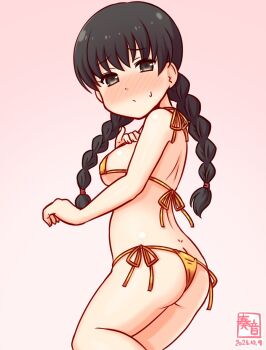 1girl artist_logo ass bikini black_eyes black_hair blush braid breasts butt_crack commentary_request dated dimples_of_venus feet_out_of_frame from_behind gold_bikini kanon_(kurogane_knights) kantai_collection landing_ship_no._101_(kancolle) logo looking_at_viewer low_twin_braids low_twintails lowleg lowleg_bikini medium_breasts micro_bikini nose_blush one-hour_drawing_challenge side-tie_bikini_bottom solo swimsuit twin_braids twintails