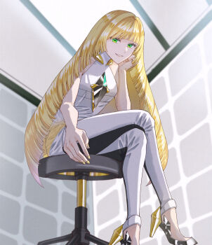 1girl blonde_hair blurry commentary_request crossed_legs diamond_(shape) dress eyelashes gem green_eyes green_gem grin hand_up high_heels highres leggings long_hair looking_at_viewer looking_down lusamine_(pokemon) nail_polish nintendo omi_(minminkubi) outstretched_hand pokemon pokemon_sm sitting sleeveless sleeveless_dress smile solo stool teeth white_dress yellow_nails