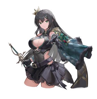 1girl absurdres artist_request bare_shoulders belt black_belt black_gloves black_hair black_skirt breasts center_opening clothing_cutout cowboy_shot cropped_legs crown detached_sleeves epaulettes fur_trim gloves green_eyes hair_between_eyes hair_ornament hairclip highres holding holding_sword holding_weapon large_breasts long_hair looking_at_viewer mini_crown mochizuki_himiya official_alternate_costume official_art poker_fate reaching reaching_towards_viewer side_cutout single_epaulette skirt sleeve_cuffs solo spade_brooch spade_hair_ornament sword transparent_background weapon weapon_request