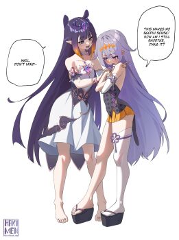 2girls absurdres artist_name barefoot black_dress chest_jewel circlet commentary cosplay costume_switch detached_sleeves diamond_hairband dress english_commentary english_text feet gem gradient_hair hakimen height_difference highres hololive hololive_english koseki_bijou koseki_bijou_(1st_costume) koseki_bijou_(cosplay) long_hair looking_at_another multicolored_hair multiple_girls ninomae_ina&#039;nis ninomae_ina&#039;nis_(1st_costume) ninomae_ina&#039;nis_(cosplay) okobo open_mouth orange_hair platform_sandals pointy_ears purple_eyes purple_gemstone purple_hair sandals short_dress sidelocks simple_background single_detached_sleeve single_thighhigh speech_bubble standing strapless strapless_dress tentacle_hair thighhighs toes tube_dress twitter_username two-tone_hair very_long_hair virtual_youtuber white_background white_dress white_sleeves white_thighhighs