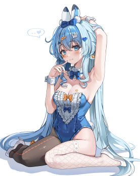 Rule 34 | 1girl, absurdres, animal ears, arahashi tabi, asymmetrical clothes, bare shoulders, black pantyhose, blue eyes, blue hair, blue leotard, breasts, cleavage, collar, commentary, covered navel, detached collar, fake animal ears, fishnet thighhighs, fishnets, frilled collar, frills, high heels, highres, leotard, long hair, looking at viewer, mahyo, medium breasts, pantyhose, single pantsleg, single thighhigh, sitting, stellive, symbol-only commentary, thighhighs, twintails, very long hair, wariza, white thighhighs, wrist cuffs