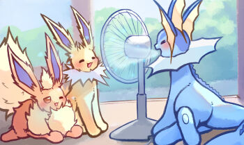 Rule 34 | :3, = =, absurdres, animal focus, blush, commentary request, electric fan, fins, flareon, gen 1 pokemon, head fins, highres, illustrattyako, jolteon, nintendo, no humans, one eye closed, open mouth, pokemon, pokemon (creature), pokemon focus, smile, vaporeon