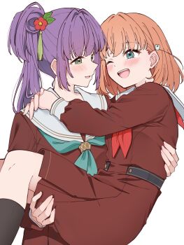 2girls ;d aqua_eyes aqua_neckerchief arms_around_neck breasts brown_dress carrying cerise_bouquet commentary dress eye_contact flower green_eyes hair_bun hair_flower hair_intakes hair_ornament hasu_no_sora_school_uniform highres hinoshita_kaho link!_like!_love_live! liz_(piyoko_piyop) long_hair long_sleeves looking_at_another love_live! medium_breasts medium_dress medium_hair multiple_girls neckerchief one_eye_closed open_mouth orange_hair otomune_kozue pleated_dress princess_carry profile rabbit_hair_ornament red_flower red_neckerchief sailor_collar sailor_dress school_uniform side_ponytail sidelocks sideways_mouth single_side_bun smile tassel tassel_hair_ornament teeth two_side_up upper_teeth_only virtual_youtuber white_sailor_collar winter_uniform yuri