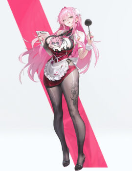 apron bare_shoulders breast_cutout censored chela77 commentary_request doro_(nikke) flower full_body goddess_of_victory:_nikke green_eyes hair_flower hair_intakes hair_ornament halterneck heart_pasties high_heels highres licking_lips long_hair maid_apron mole mole_under_eye official_art pantyhose pasties pink_hair standing teeth tongue tongue_out upper_teeth_only velvet_(nikke)